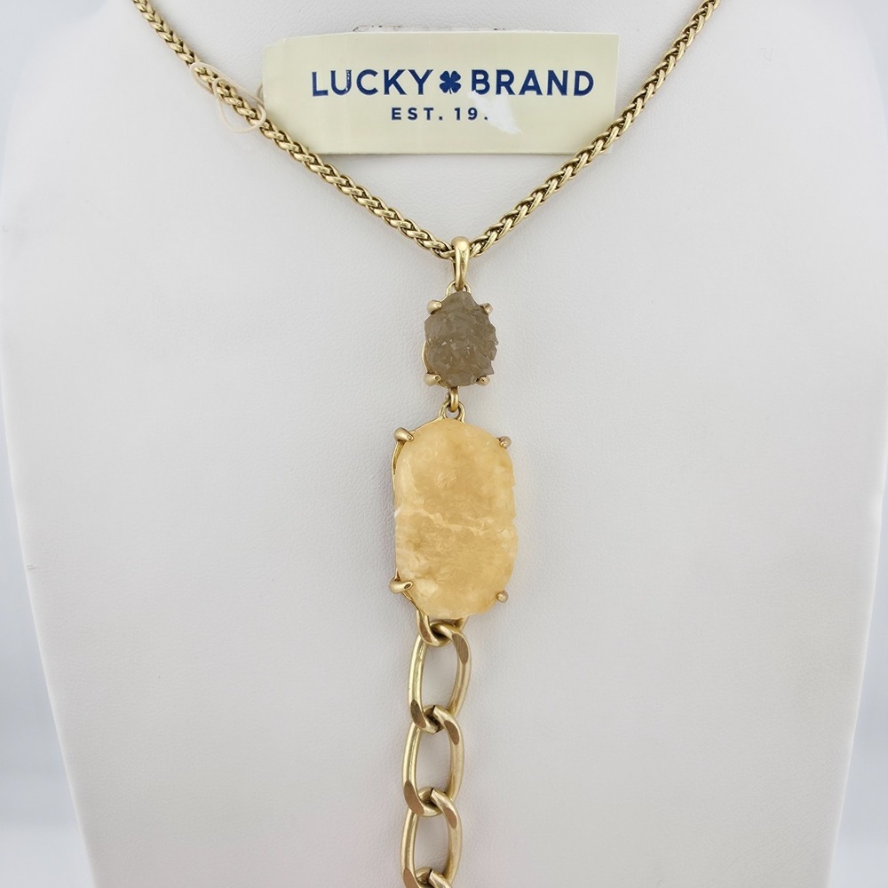 New! LUCKY BRAND Lariat Necklace Reversible Semi-Precious Stones‎ Gold Tone 32"